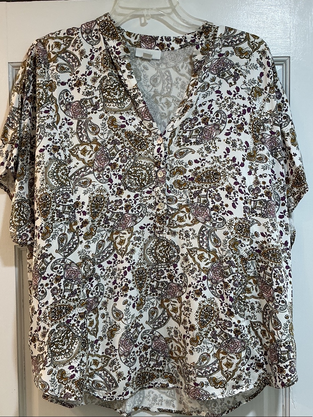 J. Jill Silky Cream Paisley Henley Blouse with Gold, Olive and Mauve Accents